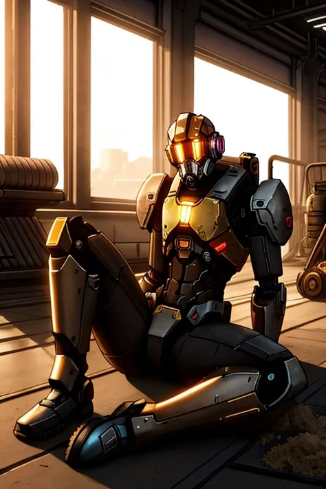 tired (cute:0.7) giant humanoid robot rests on floor inside factory, hands on floor, spreading legs, (dust:1.2), god rays, volumetric light, high detail, machinery, (BoneyardAI:0.3), cinematic, borderlands, dark,