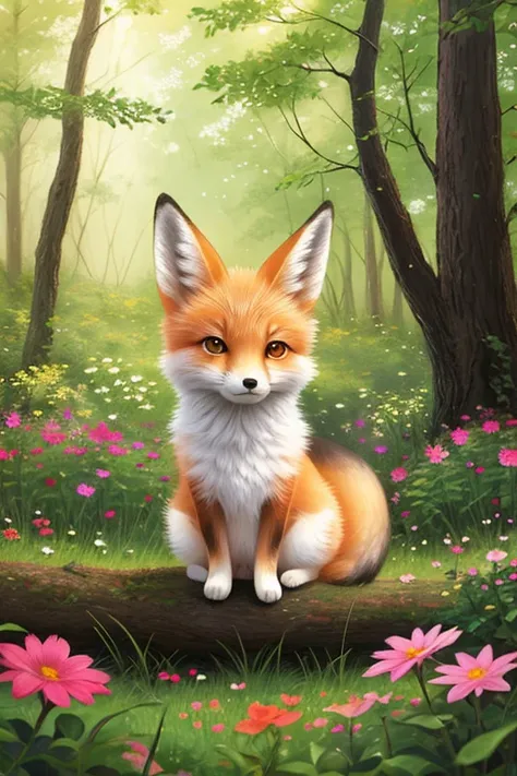 epic realistic photography, a drawing of a cute little baby (fox) surrounded by beautiful flowers and trees in a forest clearing