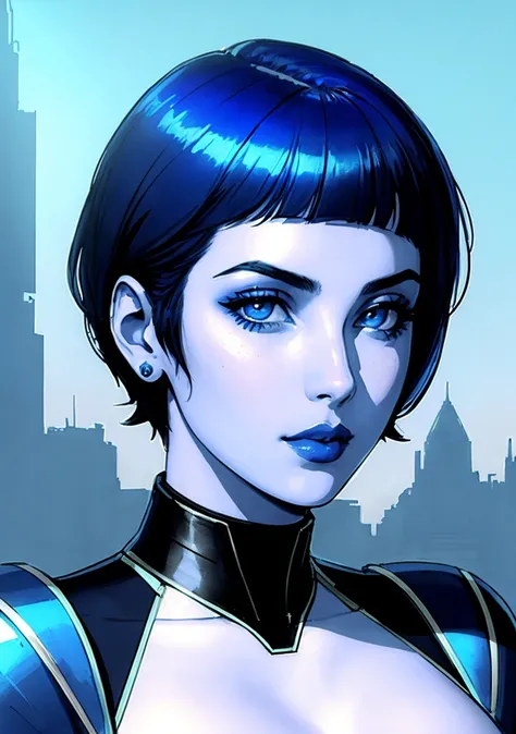 portrait of 1 beautiful woman,pale skin,blue short hair,blue lips,spacesuit,complex background,city futuristic Egypt,detailed,( ink sketch by methurlant) high contrast,best shadow,cinematic lighting (masterpiece, best quality:1.3),