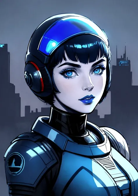 portrait of 1 beautiful woman,pale skin,blue short hair,blue lips,spacesuit,complex background,city futuristic Egypt,detailed,( ink sketch by methurlant) high contrast,best shadow,cinematic lighting (masterpiece, best quality:1.3),