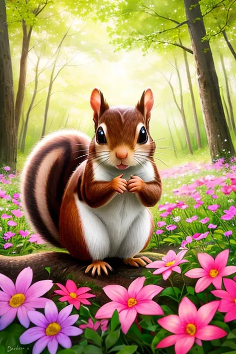 epic realistic photography, a drawing of a cute (little baby:1.2) (squirrel) surrounded by beautiful flowers and trees in a forest clearing