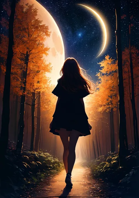 masterpiece high quality 4k 8k abstract chalk detailed girl walking through the forest,crescent moon,stars,night,close up,dark,open sky,Style-NebMagic,