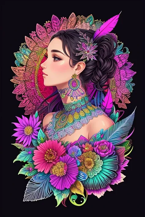 top quality,best quality,art,simple graphics,beautiful and aesthetic,girl,extremely detailed,fractal art,colorful,flowers,highest detailed,zentangle,dynamic pose,abstract dark background,shiny skin,many colors,earrings,feathers,
