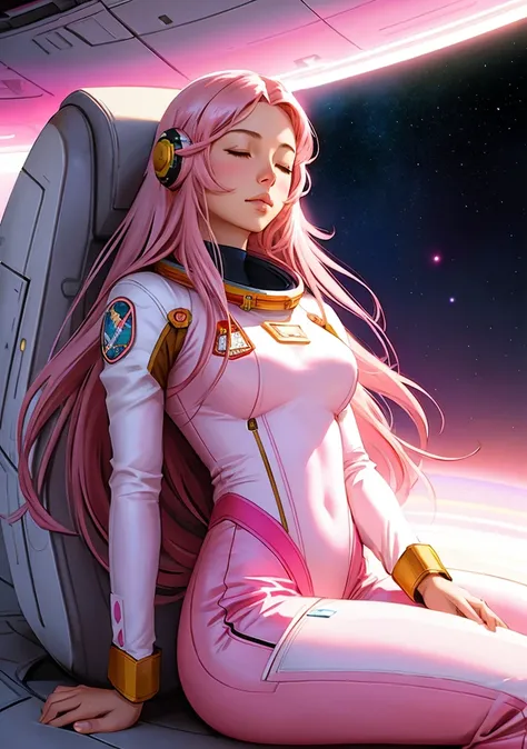 masterpiece, digital art, woman, closed eyes, (pink long hair:1.2), astronaut, sitting on a cloud, deep space, vibrant, by greg rutkowski, by artgerm