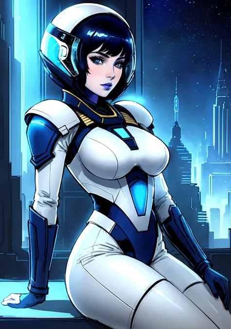 portrait of 1 beautiful woman,pale skin,blue short hair,blue lips,spacesuit,complex background,city futuristic Egypt,detailed,( ink sketch by methurlant) high contrast,best shadow,cinematic lighting (masterpiece, best quality:1.3),