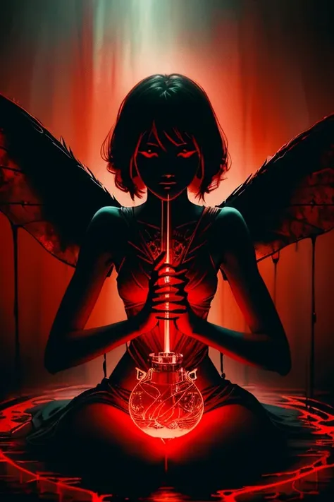 (dark shot:1.4), 80mm, red fairy girl demon sitting in a with red liquid, nice detailed digital art, closeup, soft light, sharp, exposure blend, medium shot, bokeh, (hdr:1.4), high contrast, (cinematic, teal and orange:0.85), (muted colors, dim colors, soothing tones:1.3), low saturation, (hyperdetailed:1.2), (noir:0.4)