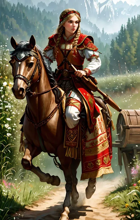 war man,slavic folk costume,riding the running,<lora:sxz-slavic-fantasy:0.5>,super resolution,ultra hd,megapixel,high details,detailed and intricate,(8k resolution),hyperrealistic,cinematic lighting,realistic photo,realistic lighting,realistic effects,flower_style,
