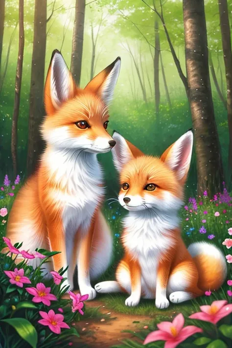 epic realistic photography, a drawing of a cute little baby (fox) surrounded by beautiful flowers and trees in a forest clearing