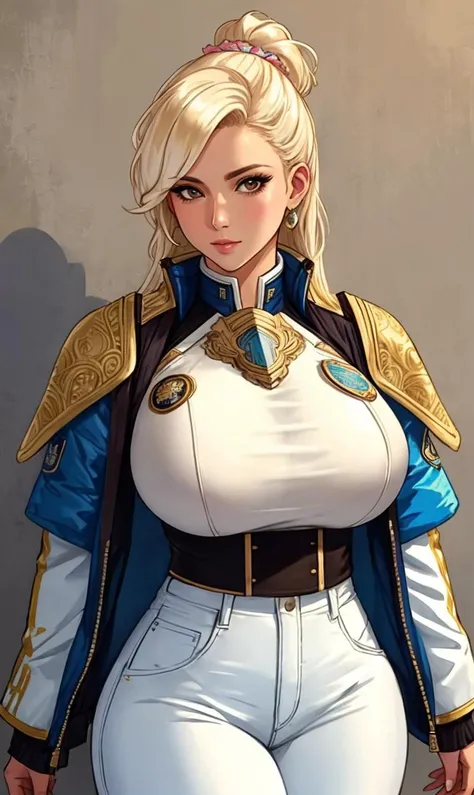 photo of busty looking at viewer,wearing bleached jacket,shoulder pads,bleached pants,badges,high detailed skin,intricate details,masterpiece,