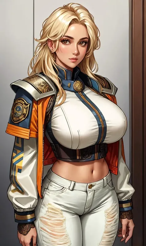 photo of busty looking at viewer,wearing bleached jacket,shoulder pads,bleached pants,badges,high detailed skin,intricate details,masterpiece,