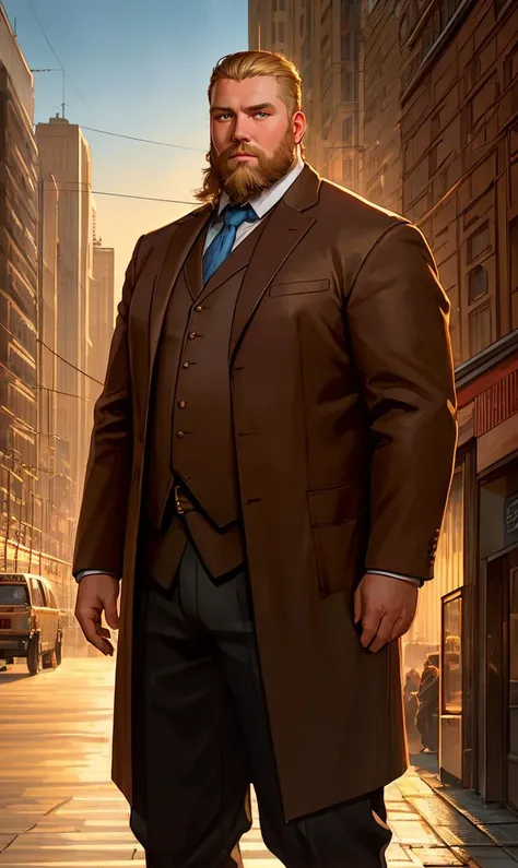 russian man,overweight,short hair,Beard,blonde,bright blue eyes,detailed face,contrast complex moskou city background,hyperrealistic,highly detailed,cinematic lighting, realistic photo,documentary film frame,realistic lighting,realistic effects,sepia,