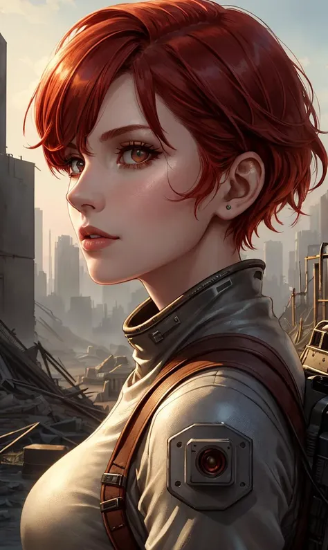 a close up portrait photo of 30 y.o woman in wastelander clothes,redhair,short haircut,pale skin,slim body,background is city ruins,(high detailed skin:1.2),8k uhd,dslr,soft lighting,high quality,