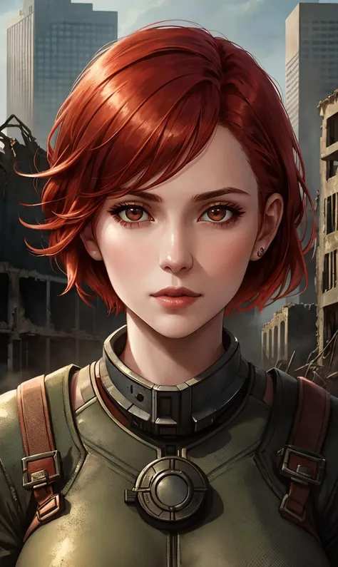 a close up portrait photo of 30 y.o woman in wastelander clothes,redhair,short haircut,pale skin,slim body,background is city ruins,(high detailed skin:1.2),8k uhd,dslr,soft lighting,high quality,