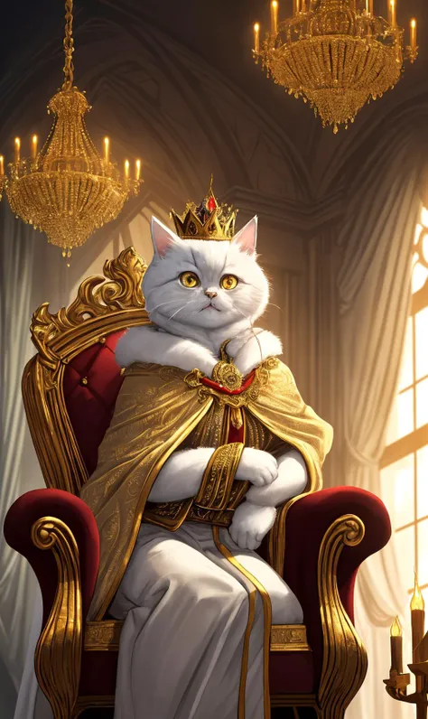 illustration,palace, golden light, shadows, windows, chandelier, close up, complex composition, imposing throne, Persian cat:1.3, wearing golden crown with crystal carvings, confused expression, cute and playful, detailed fur, luxurious robes, regal pose, overlooking the kingdom, elegant background, candles, flowers, intricate patterns, shimmering tapestries, velvet curtains, dramatic lighting, BREAK, UHD, highres, ultra detailed, intricate details, textural effects, 8k:1.2