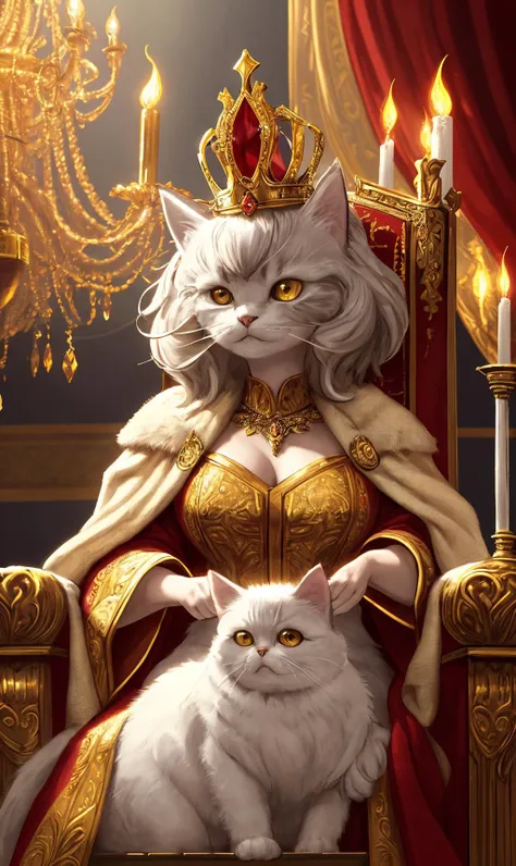 illustration,palace, golden light, shadows, windows, chandelier, close up, complex composition, imposing throne, Persian cat:1.3, wearing golden crown with crystal carvings, confused expression, cute and playful, detailed fur, luxurious robes, regal pose, overlooking the kingdom, elegant background, candles, flowers, intricate patterns, shimmering tapestries, velvet curtains, dramatic lighting, BREAK, UHD, highres, ultra detailed, intricate details, textural effects, 8k:1.2