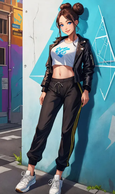 absurdres,official art,unity 8k wallpaper,ultra detailed,High quality,best quality,1girl,crop top,long hair with buns,blue eyes,graphic white t-shirt,oversized jogger pants,leather jacket,lean against the wall,backstreet,graffiti on the wall,hiphop,smiling,perfect symmetrical face,, Fractal world,Four-dimensional geometry,Fractal girl,closeup,Realistic image,8k,High detail,Asymmetry,Ray tracing,Physical light,Hard particles,extreme details,impossible figures,paradoxical,impossible geometry,hypercube,abstract fantasy castle,intricate detailed elaborate,