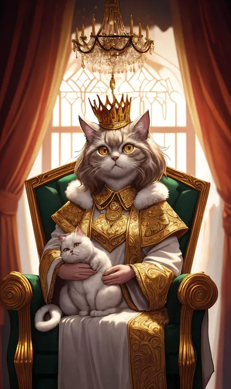 illustration,palace, golden light, shadows, windows, chandelier, close up, complex composition, imposing throne, Persian cat:1.3, wearing golden crown with crystal carvings, confused expression, cute and playful, detailed fur, luxurious robes, regal pose, overlooking the kingdom, elegant background, candles, flowers, intricate patterns, shimmering tapestries, velvet curtains, dramatic lighting, BREAK, UHD, highres, ultra detailed, intricate details, textural effects, 8k:1.2