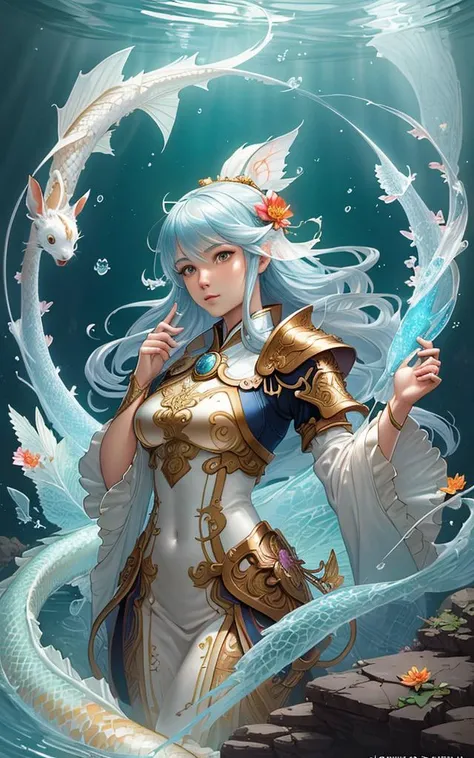 subsurface scattering, white, koi, rabbit deity with dragon armor, art nouveau swirls, vibrant colors, octane render, by jesper ejsing, james jean, justin gerard, tomasz alen kopera, cgsociety and fenghua zhong, highly detailed, rim light, art, cinematic lighting, very coherent, hyper realism, high detail, 8 k,flower_style,