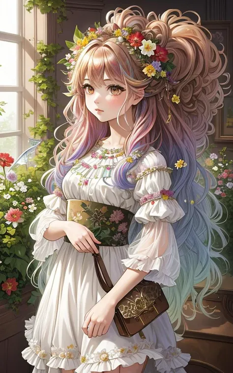 best quality, masterpiece, girl with really wild hair, mane, multicolored hair,flower_style,