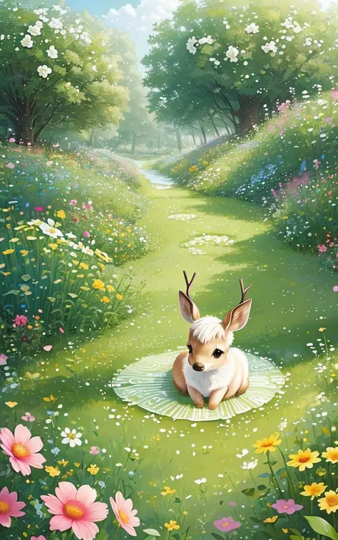 a drawing of a cute little baby deer surrounded by beautiful flowers in a meadow,,flower_style,
