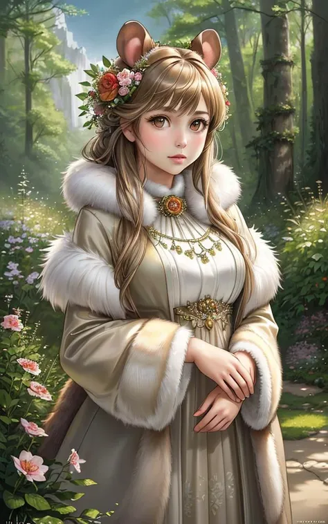 (hamster), dress, (realistic fur, detailed fur texture:1.2), detailed background, wilderness background, photorealistic, hyperrealistic, ultradetailed, professional photography,flower_style,