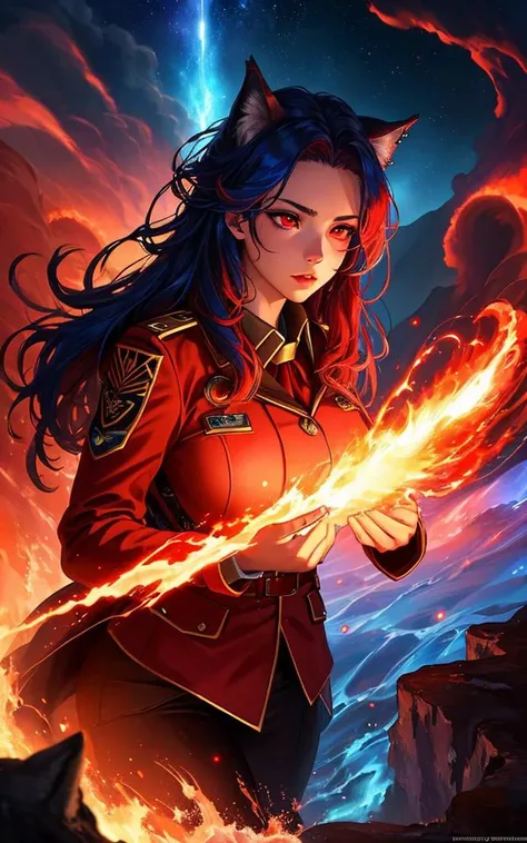 animal nose,masterpiece,best quality,felid,furry female,wolf girl,1girl,skinny,scars on the face,brunette hair,piercing look,blue and red eyes,(inside of blood flow1.2),one part is maniac with red eyes and hair,uniform covered with blood,other with blue hair and eyes,8k wallpaper,finely detailed beautiful face and eyes (abstract beauty, blood strokes, chaotic strokes and colorful red waves:1.2),extremly detailed CG,concept art,absurd,splash art,intense atmosphere,cinematic lighting and shadows,wide angle ADDCOMM volcanic island background Red flame,soft particles,explosion BREAK green flame,soft particles,explosion BREAK blue flame,soft particles,explosion volcanic island background,Style-NebMagic,