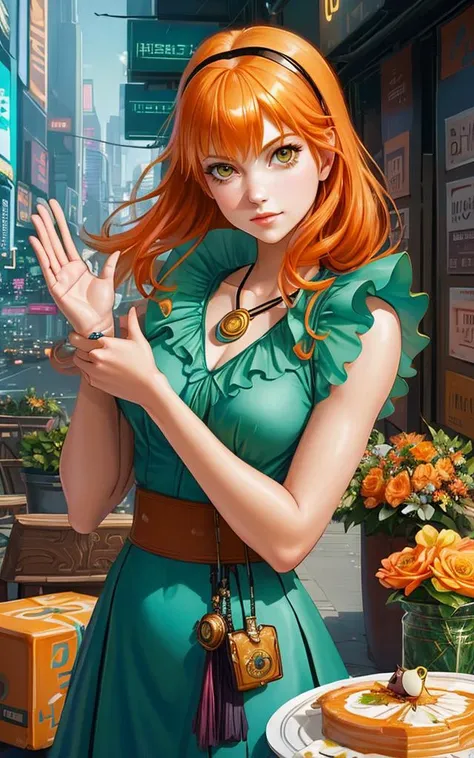 a close up of a person with an orange hair, the fifth element movie, waving at the camera, greta thunberg smiling, alice in wonderland cyberpunk, milla jovovich, sexy :8, fellini 1977 technicolor, anime character, leeloo, screenshot, welcoming attitude, jugendstill, 2070s, sugar
flower_style,