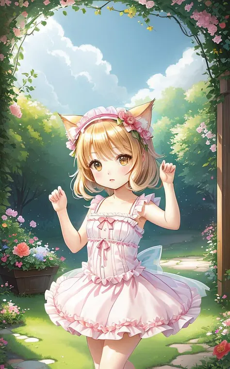 Cute chibi cat dancing,flower_style,