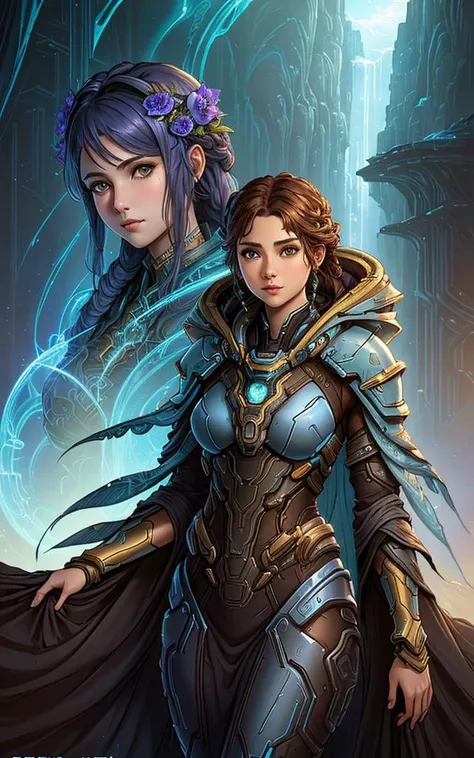 a woman holding, the fourth race of starcraft 2, inspired by Peter Gric, lesbians, wraith from apex legends, she is dressed in shaman clothes, two beautiful women in love,flower_style,