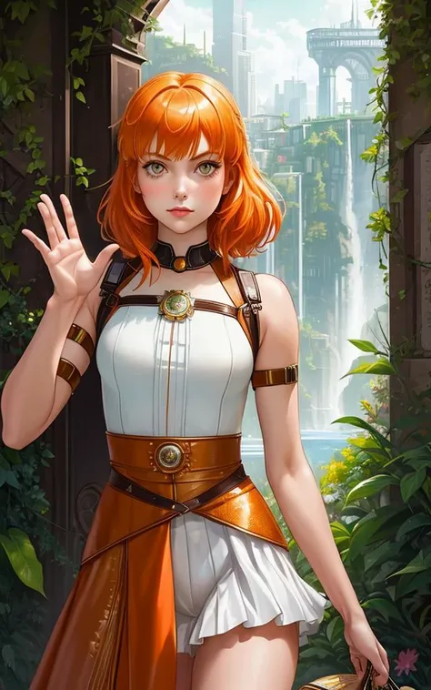a close up of a person with an orange hair, the fifth element movie, waving at the camera, greta thunberg smiling, alice in wonderland cyberpunk, milla jovovich, sexy :8, fellini 1977 technicolor, anime character, leeloo, screenshot, welcoming attitude, jugendstill, 2070s, sugar
flower_style,