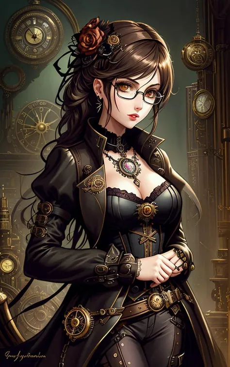 a painting of a woman, steampunk, eye implants, e-girl, gothic wearing, steampunk glasses, elegant girl, gothic girl face, grungy gothic, the encrypted metaverse, clockwork, aviators, girl in love
,flower_style,