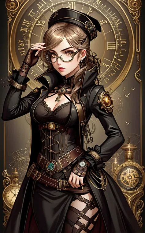 a painting of a woman, steampunk, eye implants, e-girl, gothic wearing, steampunk glasses, elegant girl, gothic girl face, grungy gothic, the encrypted metaverse, clockwork, aviators, girl in love
,flower_style,