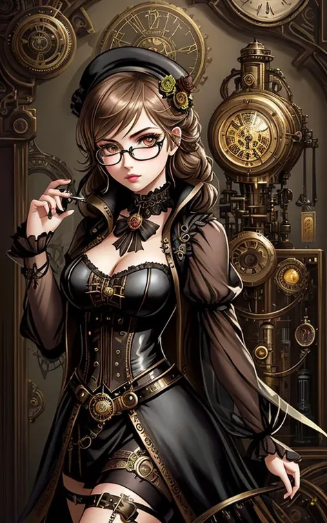 a painting of a woman, steampunk, eye implants, e-girl, gothic wearing, steampunk glasses, elegant girl, gothic girl face, grungy gothic, the encrypted metaverse, clockwork, aviators, girl in love
,flower_style,