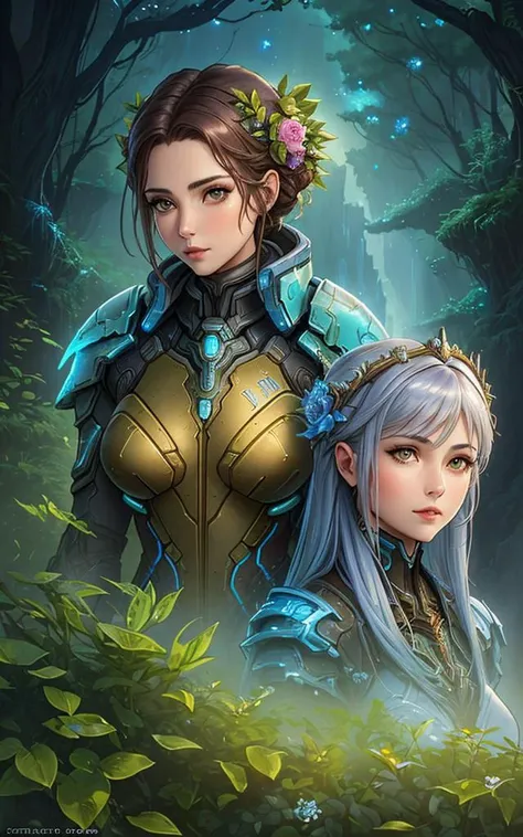 a woman holding, the fourth race of starcraft 2, inspired by Peter Gric, lesbians, wraith from apex legends, she is dressed in shaman clothes, two beautiful women in love,flower_style,