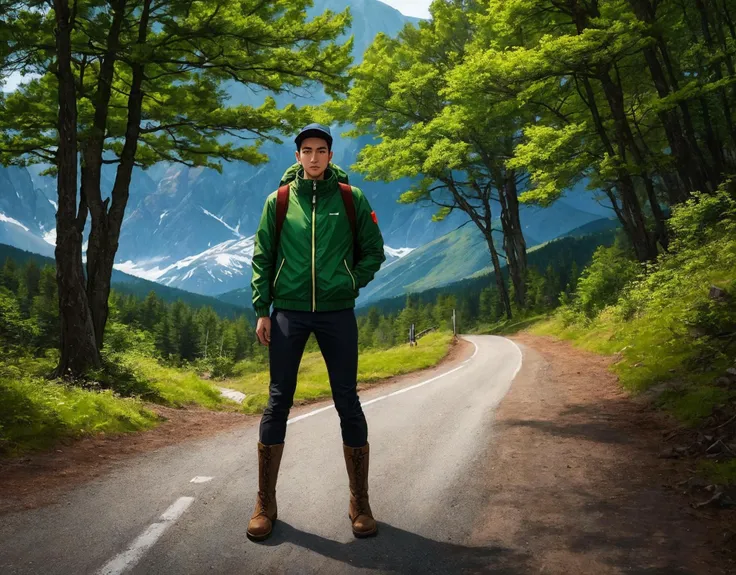mountains,forest,road,The man is coming,Green jacket,Dynamic pose,Looks into the camera,boots,backpack,