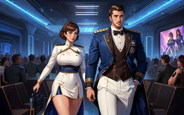 futuristic detailed movie still, (talking), art by blizzard,
(a noble couple) in the crowded nightclub interior, tuxedo, thighs, massive muscles, short hair,
(detailed facial features), navy officers in uniform