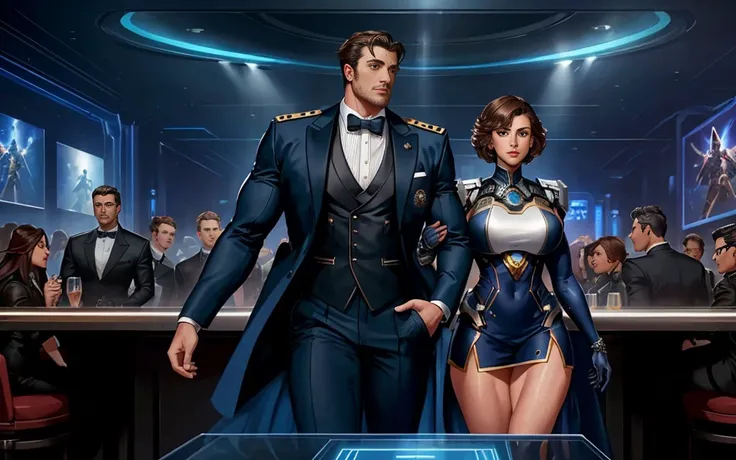 futuristic detailed movie still, (talking), art by blizzard,
(a noble couple) in the crowded nightclub interior, (muscular arms), (tuxedo, thighs), (massive muscles), short hair, cyborg,
(detailed facial features), navy officers in uniform