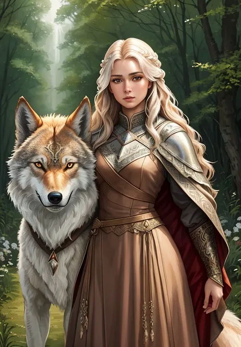 a painting of a woman standing next to a wolf, dragonlance illustration, emote, low quality video, unknown title, also known as artemis or selene, norwegian man, red brown and white color scheme, heavily upvoted, blurry image, jon snow, unusually unique beauty, rugged male ranger, 985530902, on amino, (intricate details:1.12), hdr, (intricate details, hyperdetailed:1.15), (natural skin texture, hyperrealism, soft light, sharp:1.2)