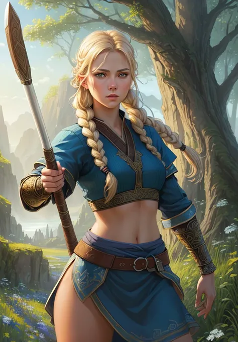 a digital painting of a woman holding a baseball bat, teenage viking shieldmaiden, two long braids blue, illustration - n 9, by Konstantin Vasilyev, avatar with a blond hair, battleground background, humanoid flora, archers, art in the style of disney, orc, (intricate details:1.12), hdr, (intricate details, hyperdetailed:1.15), (natural skin texture, hyperrealism, soft light, sharp:1.2)