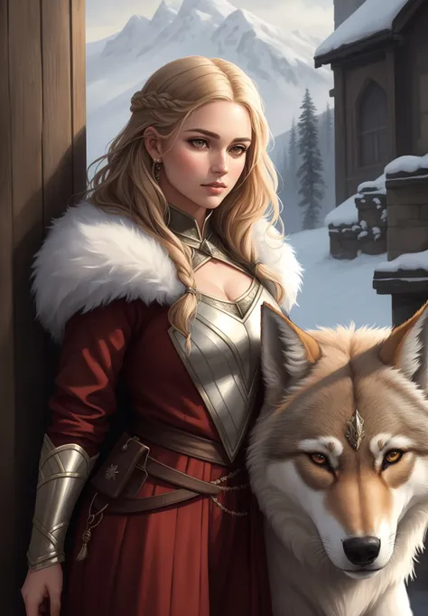 a painting of a woman standing next to a wolf, dragonlance illustration, emote, low quality video, unknown title, also known as artemis or selene, norwegian man, red brown and white color scheme, heavily upvoted, blurry image, jon snow, unusually unique beauty, rugged male ranger, 985530902, on amino, (intricate details:1.12), hdr, (intricate details, hyperdetailed:1.15), (natural skin texture, hyperrealism, soft light, sharp:1.2)