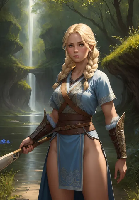 a digital painting of a woman holding a baseball bat,teenage viking shieldmaiden,two long braids blue,illustration - n 9,by Konstantin Vasilyev,avatar with a blond hair,battleground background,humanoid flora,archers,art in the style of disney,orc,(intricate details:1.12),hdr,(intricate details, hyperdetailed:1.15),(natural skin texture, hyperrealism, soft light, sharp:1.2),
