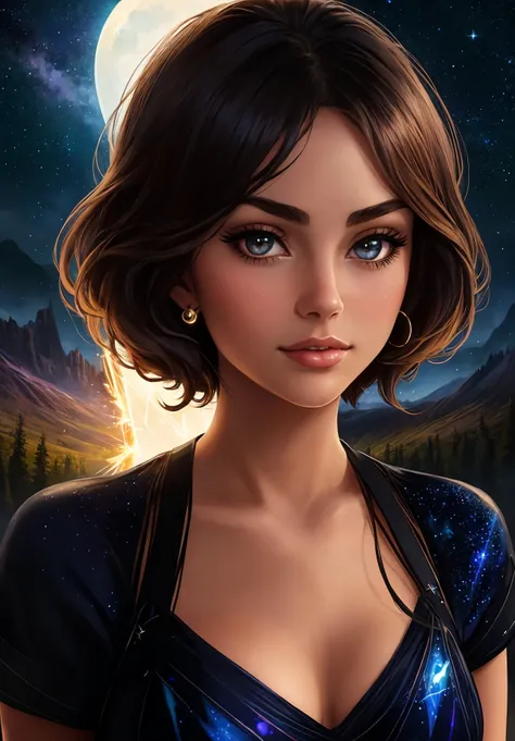 [(woman upper body, woman, looking at viewer, solo, centered, eye, nose, breasts, black hair :1.2)::0.25], [(illustration of young [Sophia Loren|Vanessa Hudgens|Candice Swanepoel] :1.2)::0.65], [(short hair, hair ornament, night, dark, nature, darkness, cowboy shot :1.2)::0.25], [:fantasy art, multiply, combined, stacked, symmetric, magic, intricate, abstract, multi layer effect, after effect,:0.30], [:in focus, glowing, star sky, fantasy, planets, sky, dark, night, mountains, magic, giant, reflection, light particles, surreal, :0.30], [:(colorful explosion psychedelic paint colors:1.3):0.35], looking at viewer, [:mature woman face, solo, glowing eyes:0.65], [:star (symbol), moon, scenery, starry sky, backlighting, , forest, outdoors, cloud, nature, constellation, space, night sky, mountain, sparkle,:0.30],