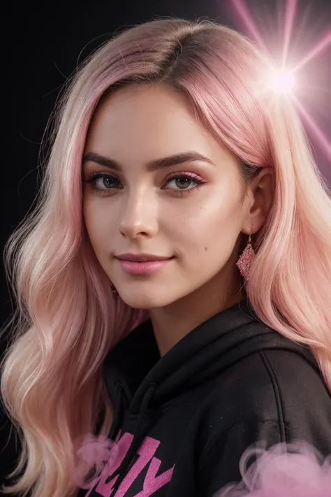 ((Black Theme, Black and Pink Backdrop)) (Close-Up Shot, Face Portrait:1.4) DV_Andrea_Vicious (blonde blow out hair:1.4) is wearing (Blue Jeans and a Black sweatshirt :1.3), by Christopher Nolan, 35mm, F/2.8, ((Photo Focus, DOF, Aperture, insanely detailed and intricate, character, hypermaximalist, elegant, ornate, beautiful, exotic, revealing, appealing, attractive, amative, hyper realistic, super detailed, heresy flares)) smiling at viewer (volumetric pink smoke:1.3) (pink lens flare:1.2)(sharpness:1.3)(details:1.3)