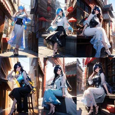 (otherworldly, otherworldly atmosphere, otherworldly appearance), highly insanely detailed, masterpiece, top quality, best quality, highres, 4k, 8k, RAW photo, (long_hair, long hair), collar, earrings, jewelry,
(random colors cloth, random colors hair, random long hair, dynamic hair, glowing hair),
long hair, eyelashes, eyeliner, makeup, hair over one eye,
(dynamic pose), (dynamic weather),
ltra-detailed, illustration, realistic,
mgftangzhuang, 1girl, solo, cowboy shot,
chinese clothes, shirt, hair ribbon, short sleeves, see-through sleeves, long skirt, strappy heels,
white shirt, print clothes,
hair ornament, jewelry, earrings,
looking at viewer, dynamic pose, sitting, cafe,
photo background, outdoors, cityscape, building, street,
long hair, hair over shoulder, bangs,
<lora:mgftangzhuang_v1_03:0.7>,
(smiling at viewer), (fantasy world)