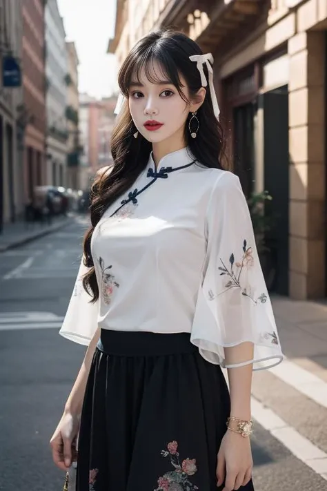 ltra-detailed,highly detailed,best quality,masterpiece,illustration,realistic,
mgftangzhuang, 1girl, solo,cowboy shot, 
chinese clothes,shirt,hair ribbon,short sleeves, see-through sleeves, long skirt, strappy heels, 
white shirt, print clothes,
hair ornament,  jewelry,  earrings, 
looking at viewer, dynamic pose, 
photo background, outdoors,cityscape, building, street,
long hair, hair over shoulder, bangs,
 <lora:mgftangzhuang_v1_03:0.7>