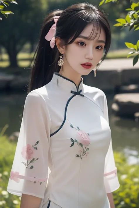 ltra-detailed,highly detailed,best quality,masterpiece,illustration,realistic,
mgftangzhuang, 1girl, solo, upper body, 
chinese clothes,shirt,hair ribbon,short sleeves, see-through sleeves,  see-through, 
pink shirt, print clothes,
hair ornament,  jewelry,  earrings, 
looking at viewer, dynamic pose, 
photo background, outdoors,riverbank,river, flower, grass, day,  depth of field, wind,
long hair, ponytail, bangs,
 <lora:mgftangzhuang_v1_03:0.7>
