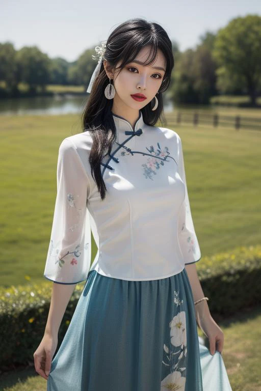 ltra-detailed,highly detailed,best quality,masterpiece,illustration,realistic,
mgftangzhuang, 1girl, solo,cowboy shot,
chinese clothes,shirt,hair ribbon,short sleeves, see-through sleeves, see-through, long skirt,
white shirt, print clothes,
hair ornament, jewelry, earrings,
looking at viewer, dynamic pose,
photo background, outdoors,riverbank,river, flower, grass, day, depth of field, wind,
long hair, hair over shoulder, bangs,
<lora:mgftangzhuang_v1_03:0.7>