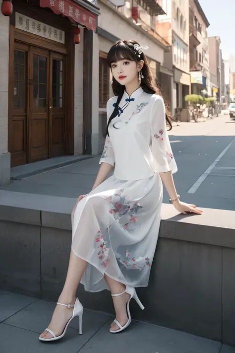 ltra-detailed,highly detailed,best quality,masterpiece,illustration,realistic,mgftangzhuang,1girl,solo,cowboy shot,chinese clothes,shirt,hair ribbon,short sleeves,see-through sleeves,long skirt,strappy heels,
white shirt,print clothes,hair ornament,jewelry,earrings,looking at viewer,dynamic pose,sitting,cafe,photo background,outdoors,cityscape,building,street,long hair,hair over shoulder,bangs,<lora:mgftangzhuang_v1_03:0.7>,