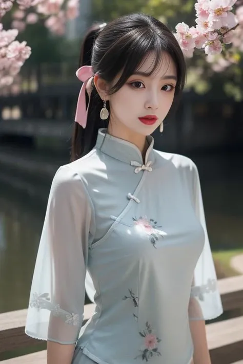 ltra-detailed,highly detailed,best quality,masterpiece,illustration,realistic,
mgftangzhuang, 1girl, solo, upper body,
chinese clothes,shirt,hair ribbon,short sleeves, see-through sleeves, see-through,
pink shirt, print clothes,
hair ornament, jewelry, earrings,
looking at viewer, dynamic pose,
photo background, outdoors,riverbank,river, flower, grass, day, depth of field, wind,
long hair, ponytail, bangs,
<lora:mgftangzhuang_v1_03:0.7>