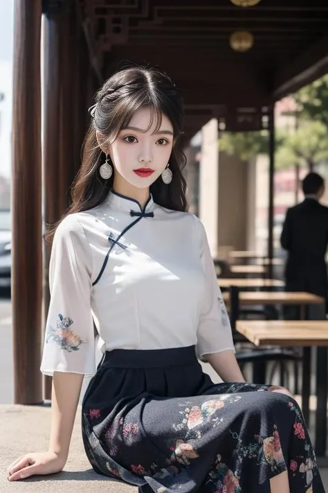 ltra-detailed,highly detailed,best quality,masterpiece,illustration,realistic,
mgftangzhuang, 1girl, solo,cowboy shot,
chinese clothes,shirt,hair ribbon,short sleeves, see-through sleeves, long skirt, strappy heels,
white shirt, print clothes,
hair ornament, jewelry, earrings,
looking at viewer, dynamic pose, sitting, cafe,
photo background, outdoors,cityscape, building, street,
long hair, hair over shoulder, bangs,
<lora:mgftangzhuang_v1_03:0.7>